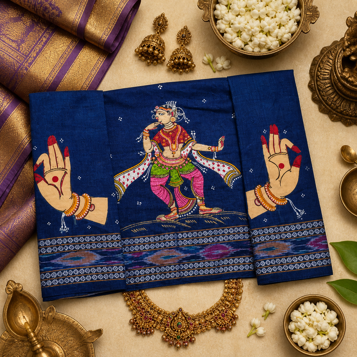 Blue Handloom Blouse Piece with Classical Dance Motif