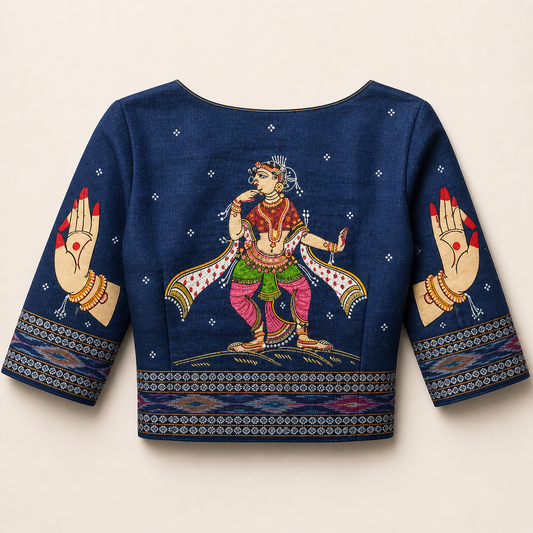 Blue Handloom Blouse Piece with Classical Dance Motif